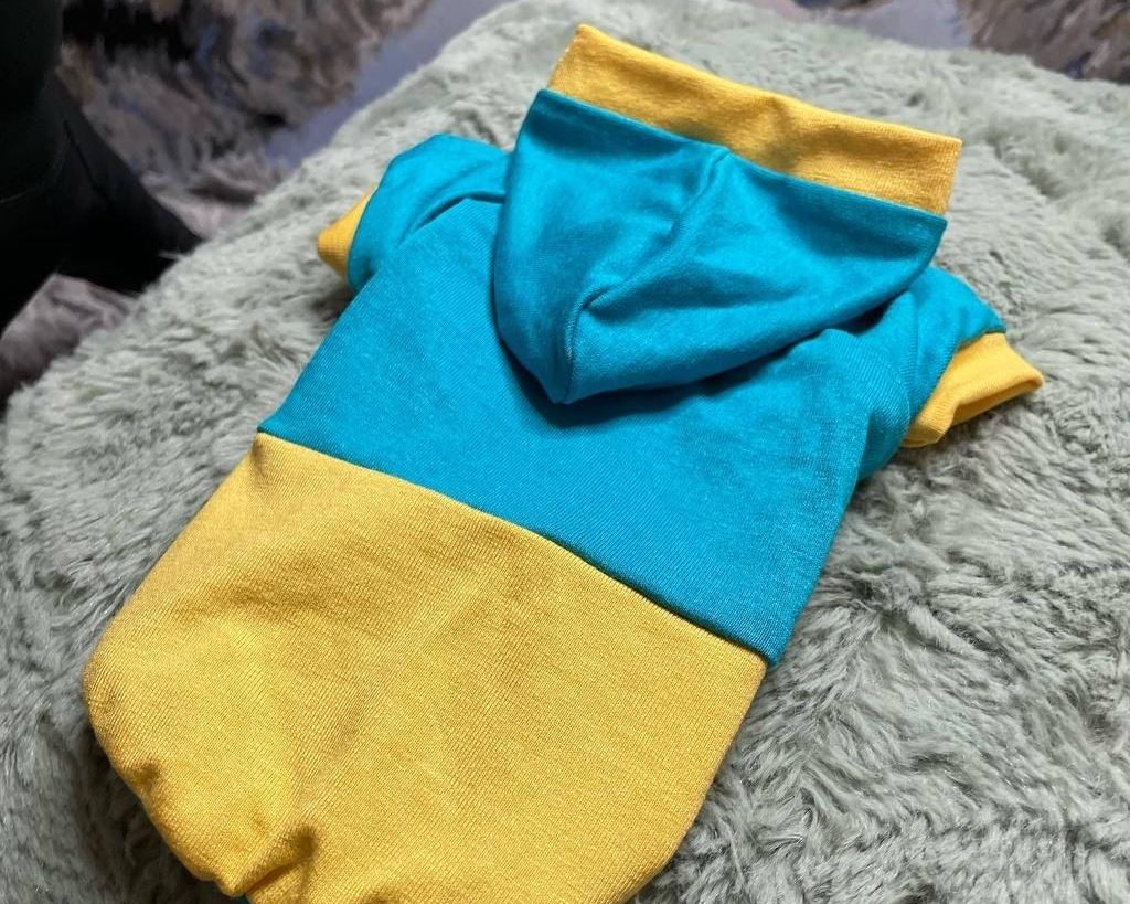 Футболки для собак та котів жовто-блакитні з капюшоном
